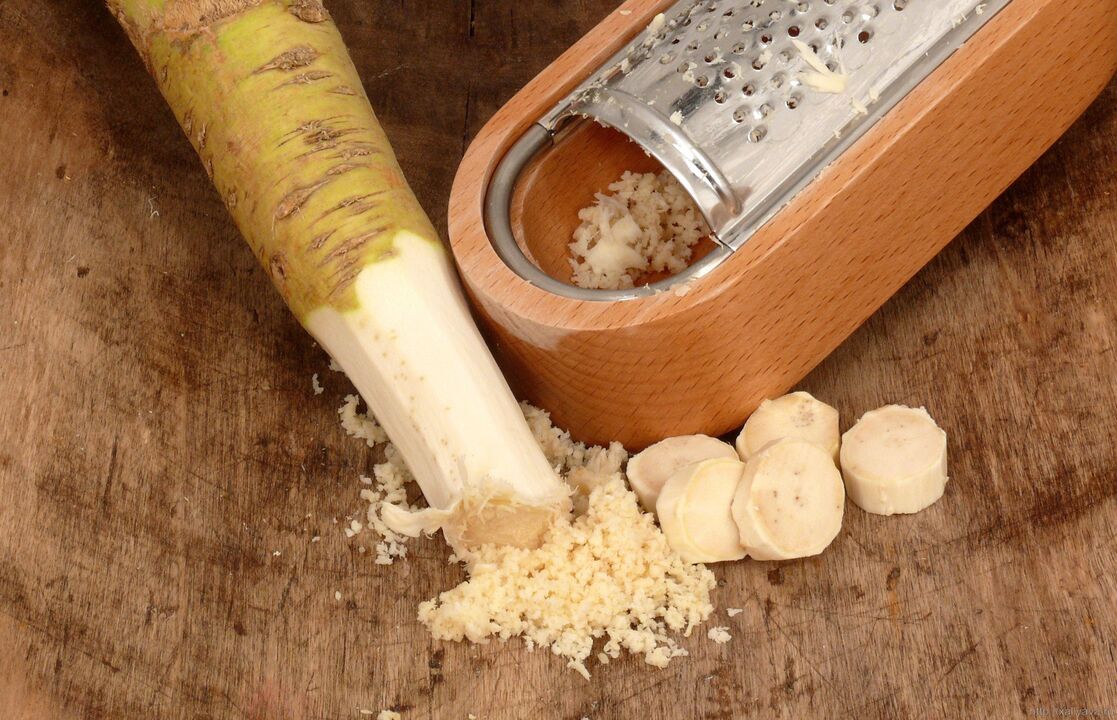 Grated horseradish root for preparing a medicinal rub for lumbar osteochondrosis